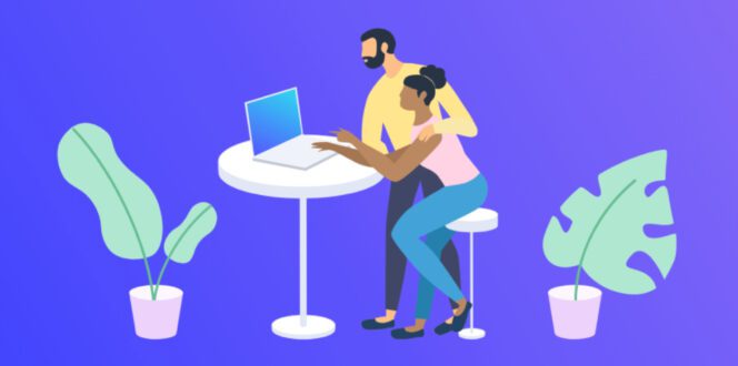 man and woman using laptop