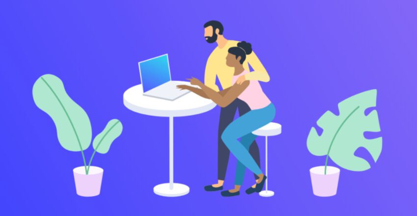 man and woman using laptop