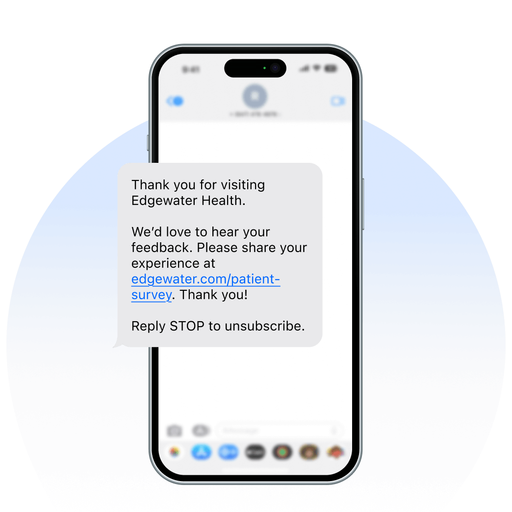 A smartphone screen displays a thank you text message with a link to a feedback survey.