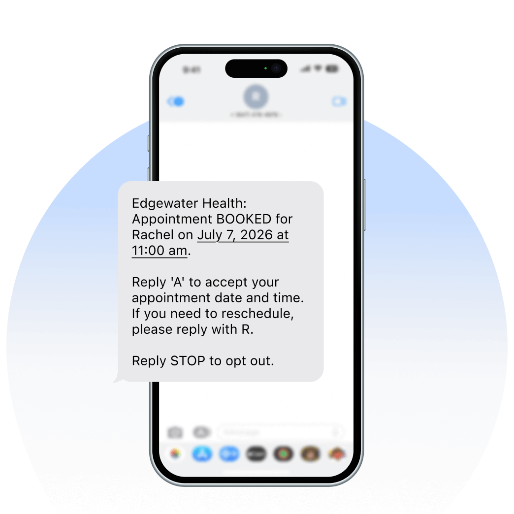 A smartphone screen displays a text message that a patient is due for an appointment with their healthcare provider.