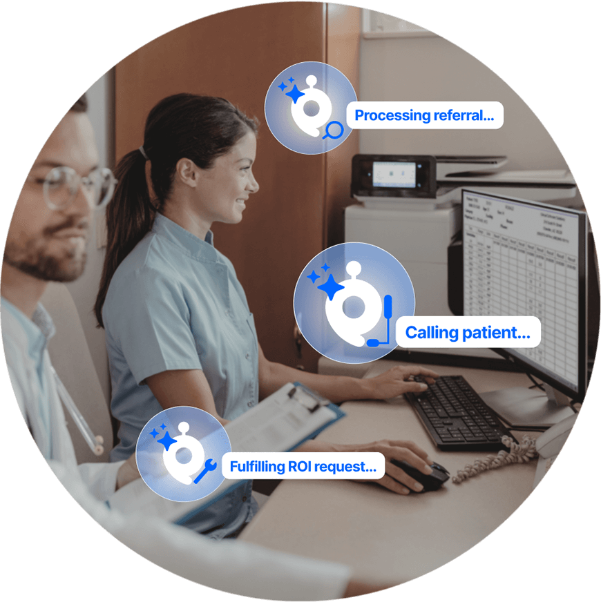 Two health care staff members sit side by side: one works at her desktop computer, while the other holds a clipboard. The following text overlays the image: processing referral, calling patient and fulfilling ROI request.
