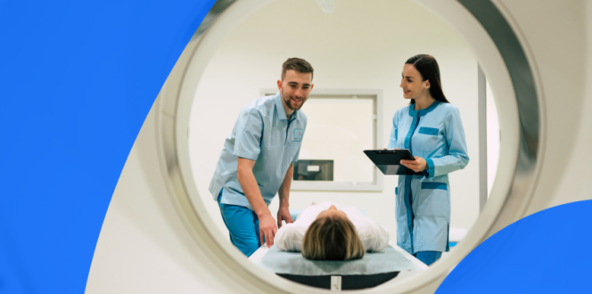 Patient with technicians getting a PET scan