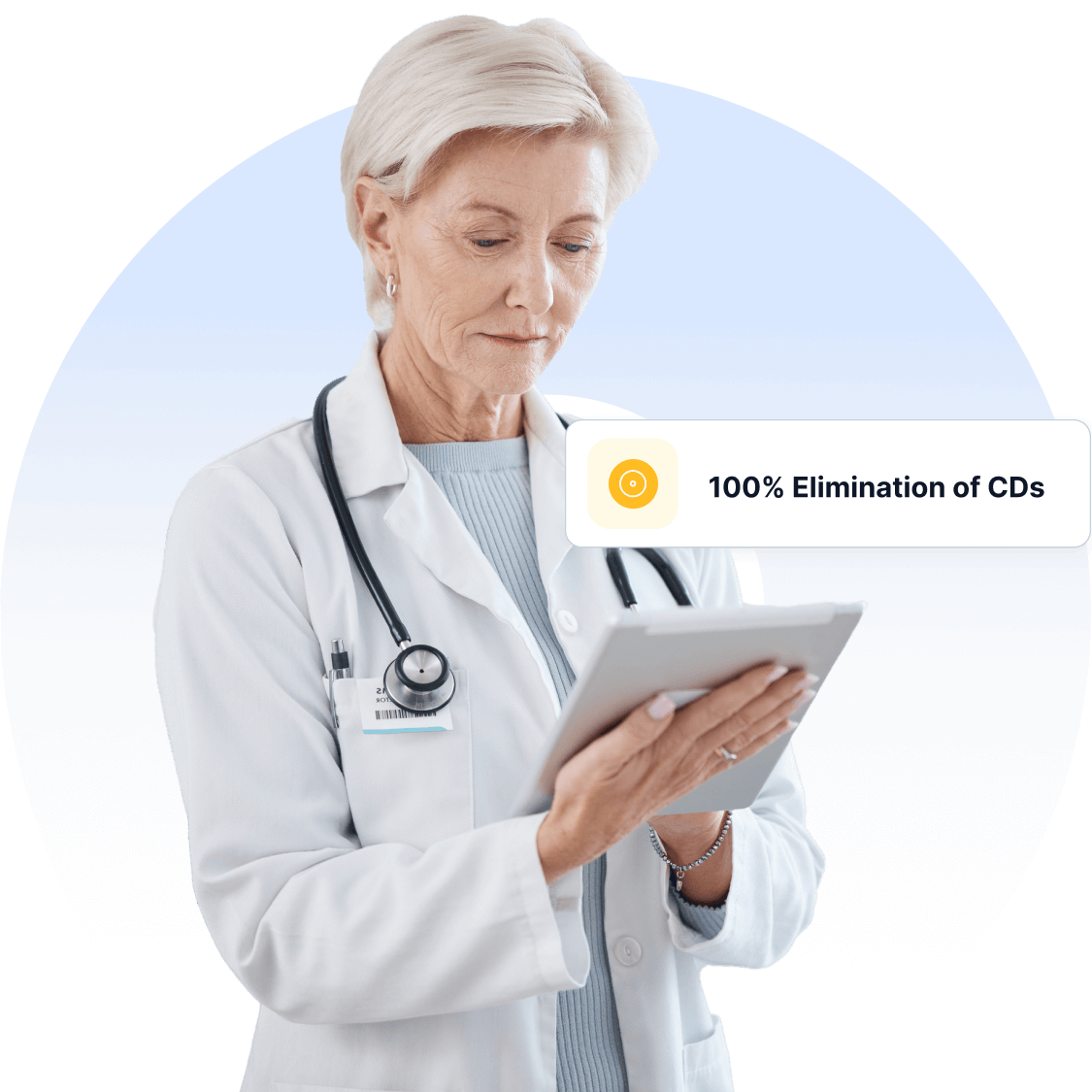 Physician looks down at a tablet with the following text overlay: 100% Elimination of CDs.2