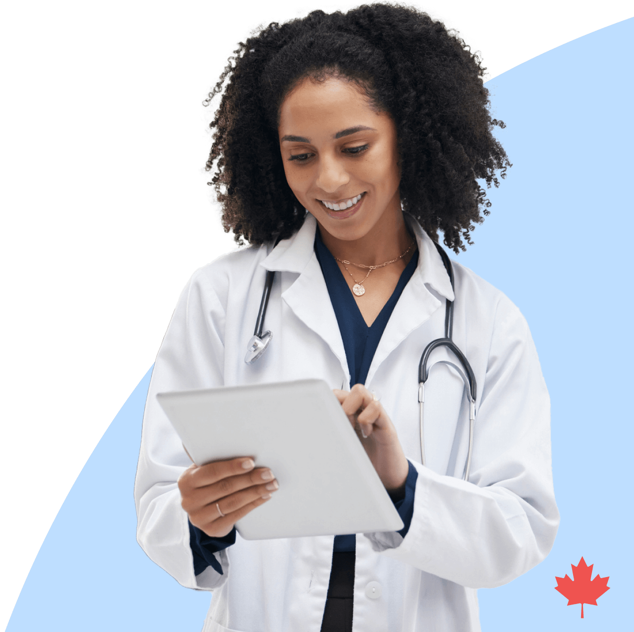 Physician uses a tablet with an overlay of the three-step process to access patient imaging records in PocketHealth.