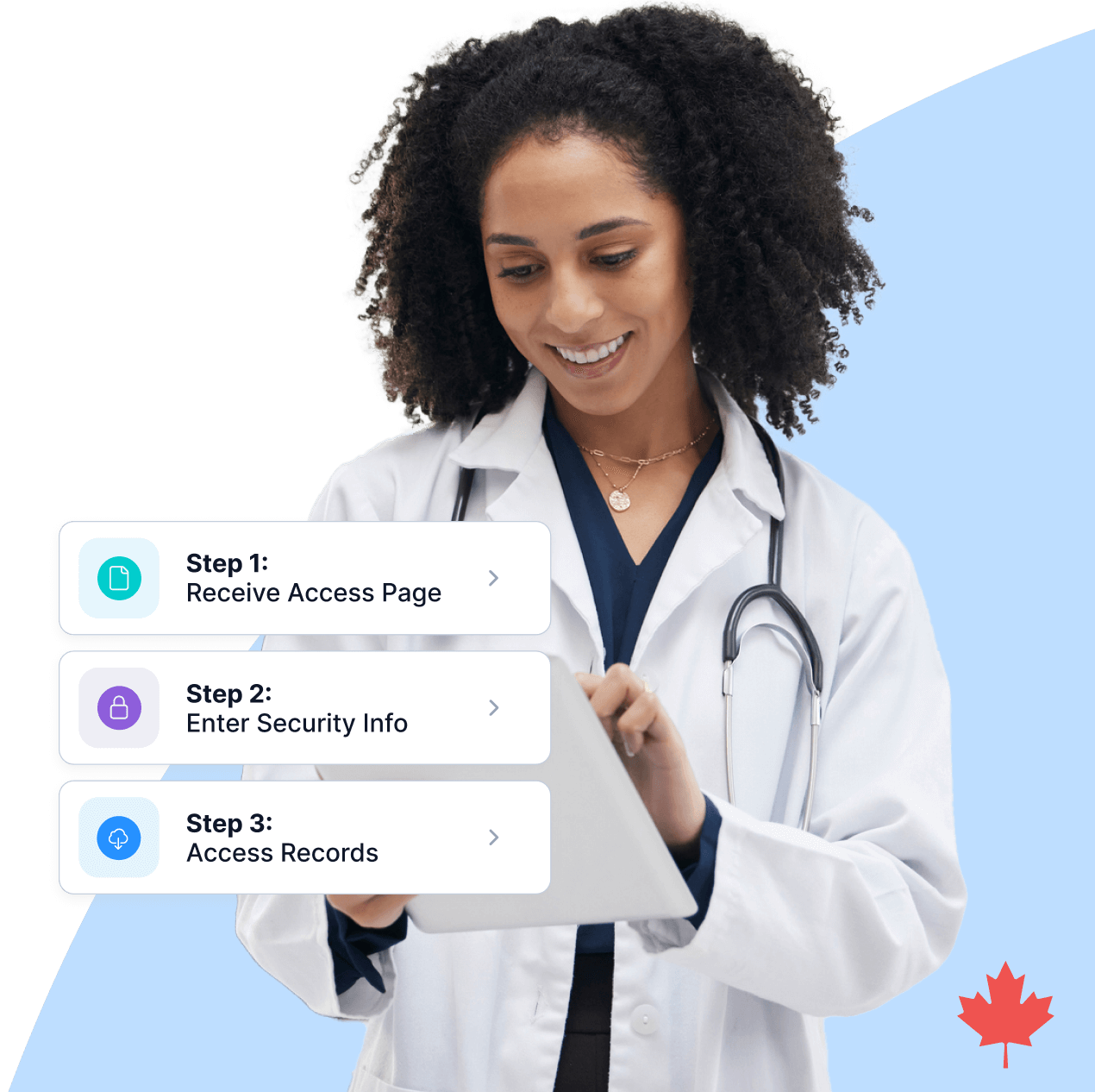 Physician uses a tablet with an overlay of the three-step process to access patient imaging records in PocketHealth.